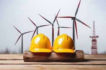 Unrecognizable Worker In A Yellow Hard Hat against the backdrop of windmills