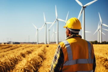 Unrecognizable Worker In A Yellow Hard Hat against the backdrop of windmills ai generated