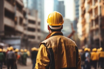 Unrecognizable Worker In A Yellow Hard Hat against the backdrop of construction