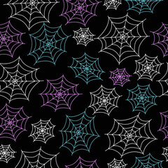 Spider web. Vector seamless pattern. Pattern Halloween symbols in doodle style. Traditional holiday images. Design for textiles, packaging. Isolated background.