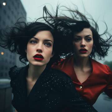 Modern Elegance: Chic and Sophisticated Female Model in Dark Fashion. Two dark-haired girls running in the rain. Stylist for a disaster or drama film.