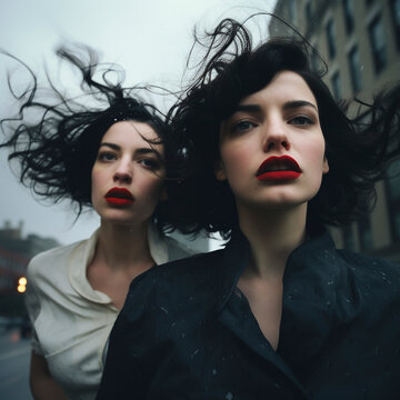 Modern Elegance: Chic and Sophisticated Female Model in Dark Fashion. Two dark-haired girls running in the rain. Stylist for a disaster or drama film.