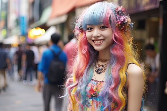 close up portrait smiling girl in colorful street fashion outfit walking on urban city street, Generative Ai
