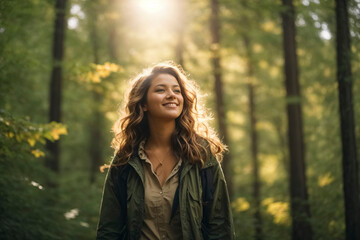 Young woman walks happily through the forest. looks up to the treetops, the sun shines through the leaves