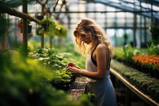 Woman Working In A Greenhouse Flower Plant Nursery ai generated
