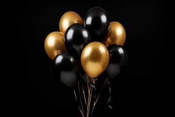 Golden And Black Balloons Isolated On A Black 