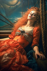 Redheaded woman sleeping peacefully on a ship fashionable and serene