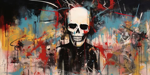 painting style illustration of skull zombie with grunge color splash background, Generative Ai
