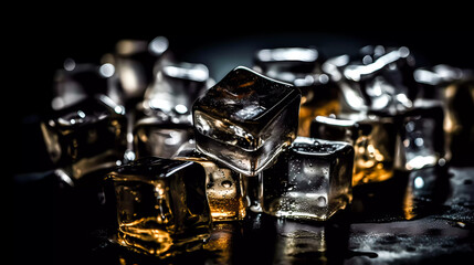 Ice cubes on a black surface. Generative AI technology.