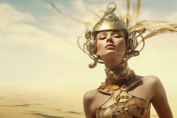 White woman in futuristic fashion gazing confidently at sandy landscape and sky