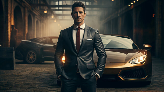 Businessman standing besides his supercar