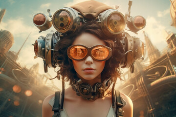 Futuristic White woman with goggles in cityscape