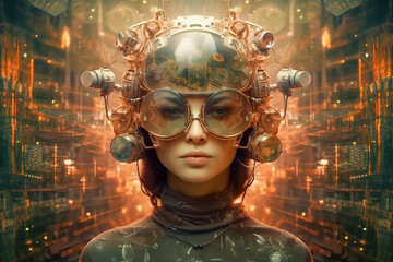 White woman with futuristic fashion glasses and helmet in cityscape portrait