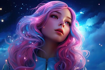 painting style illustration close up portrait of pretty girl with pink blue hair under galaxy sky, Generative Ai