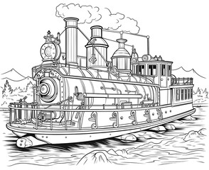 Coloring book for children steamship close-up.