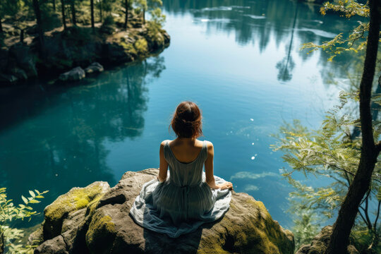 Unrecognizable woman sitting near the lake