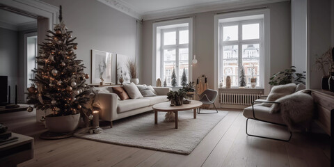 Luxurious Scandinavian Christmas: Step into the Elegance of a Modern Living Room Transformed by Holiday Magic!