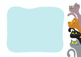 Cartoon cats, place for inscription, text. Banner, frame with funny kittens. Vector illustration, white background, isolated.