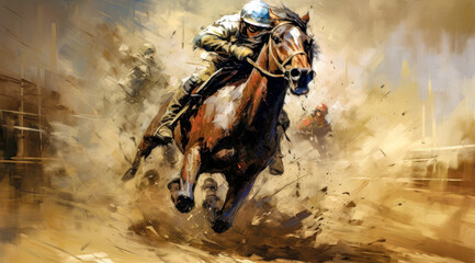 Fototapeta premium Horse Racing in an Oil Painting on Canvas Military Abstract Wallpaper Digital Art Illustration Generative AI Journal Background Backdrop Poster