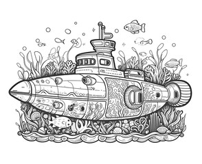 Coloring book for children bathyscaphe, submarine close-up.