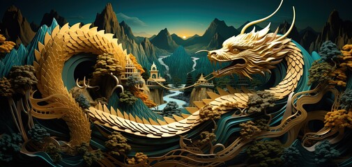 Fototapeta na wymiar paper cut sculpture layer art illustration, big and long golden dragon with ancient city, Generative Ai