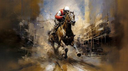Fototapeta premium Horse Racing in an Oil Painting on Canvas Military Abstract Wallpaper Digital Art Illustration Generative AI Journal Background Backdrop Poster