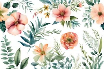Vector pattern with flowers and plants. Watercolour floral illustration. Seamless pattern