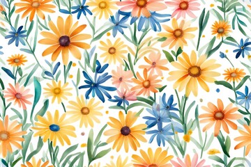 Hand painted multicolor watercolor all-over seamless spring small daisy liberty flowers. Ditsy floral watercolor pattern