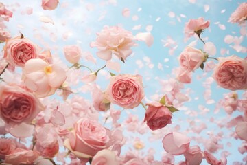 Spring background with roses and petals in the air. Pastel color combination.