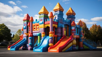 Fun colorful inflatable castle playground.  - obrazy, fototapety, plakaty