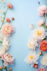 Floral border of fresh peonies on light blue background. Spring background, flat lay flowers concept.