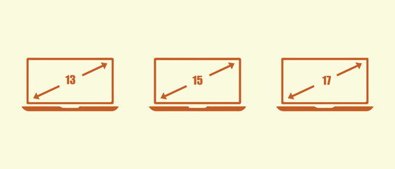 Laptop screen size icons. 13, 15, 17 inches display size vector illustration.