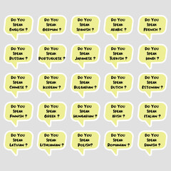 Do you speak sticker set. Yellow speach bubble collection. Language learning concept. Vector illustration.