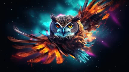 Rolgordijnen illustration close up spiritual celestial owl in colorful neon light, Generative Ai © QuietWord