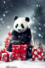 Panda bear with gift box on blurred winter background. Portrait of a cute Christmas panda sitting...