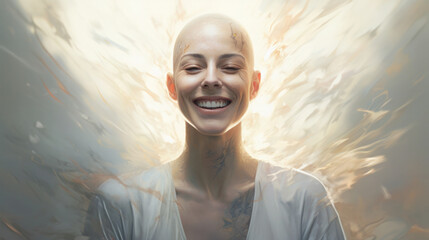 Modern beauty portrait of confident bald woman. Girl with shaved head. Happy strong woman who defeated cancer