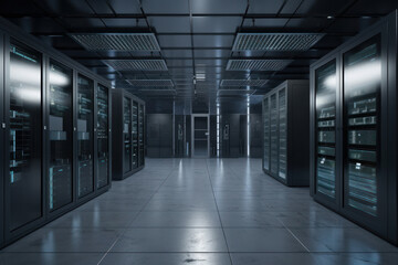 Data center aisle filled with server racks, equipped with advanced hardware and software for fast and secure data processing. The modern infrastructure ensures reliable performance. Is AI Generative.