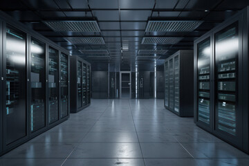 Naklejka premium Data center aisle filled with server racks, equipped with advanced hardware and software for fast and secure data processing. The modern infrastructure ensures reliable performance. Is AI Generative.
