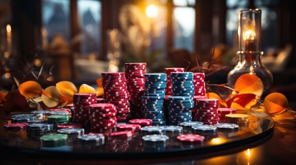 Poker Chips on a gaming table with dramatic lighting. Generative AI
