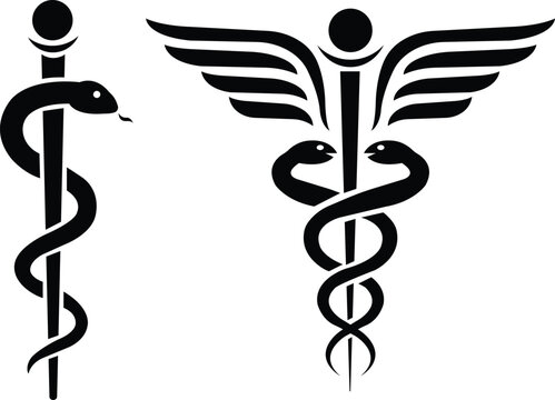 Snake medical symbol icons with stick and wings vector isolated on white background. Caduceus of Hermes healthcare flat icon for medical apps and websites.
