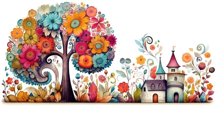 Foto op Plexiglas watercolor style illustration cute whimsical fantasy house in autumn or spring garden, flower and leaf in colorful tone color, Generative Ai © QuietWord