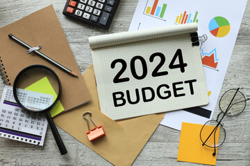 2024 Budget planning and allocation concept. magnifying glass on a notepad.text on the page on the...