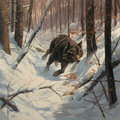 Wolf chases its prey through the snowy forest.