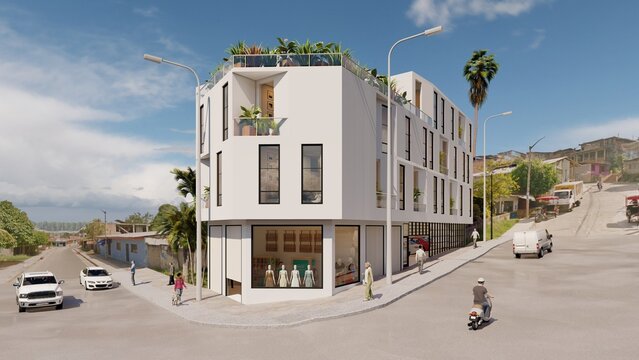 4-story multi-family building, with a minimalist facade in the style of Big buildings, the immediate context is urban rural, with lots of vegetation and a minimalist and boho chic style architecture, 