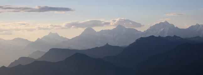 Peaks of Mount Schreckhorn, Eiger and Monch.