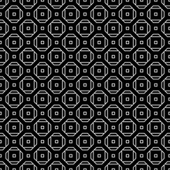 Repeated white figures on black background. Geometric wallpaper. Seamless surface pattern design with regular octagons and squares. Tiles motif. Digital paper for textile print, web designing. V