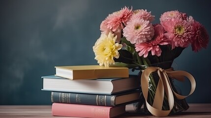 A stack of books with a flower vase. Web banner with copy space