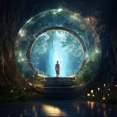 Vivid Magical Illustration Of A Man Passing Into A Portal With Beautiful Trees and Blue Radiance - Generative A.I. Art