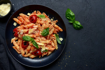 Penne pasta with grilled tomatoes. Top view with copy space.