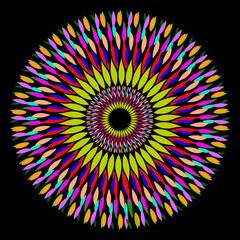 Vector abstract geometric pattern mandala in the form of multi-colored ovals arranged in a circle on a black background